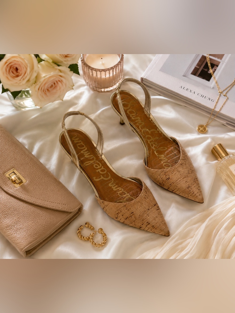 Sam Edelman Cork Slingback Pumps 8 Gold Metallic Pointed Toe Kitten Heels